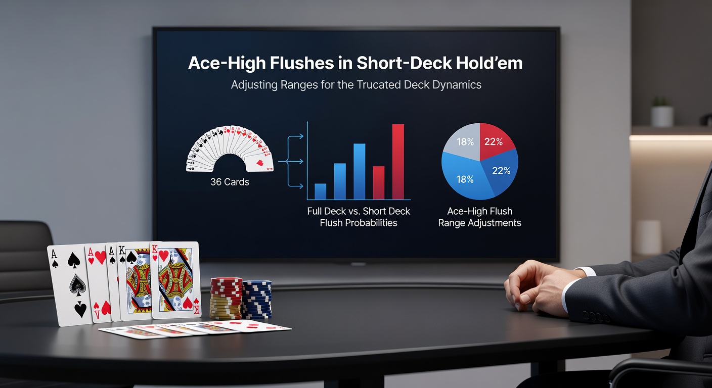 Solver-generated range chart showing preflop ace-suited adjustments and postflop flush realization frequencies in Short-Deck