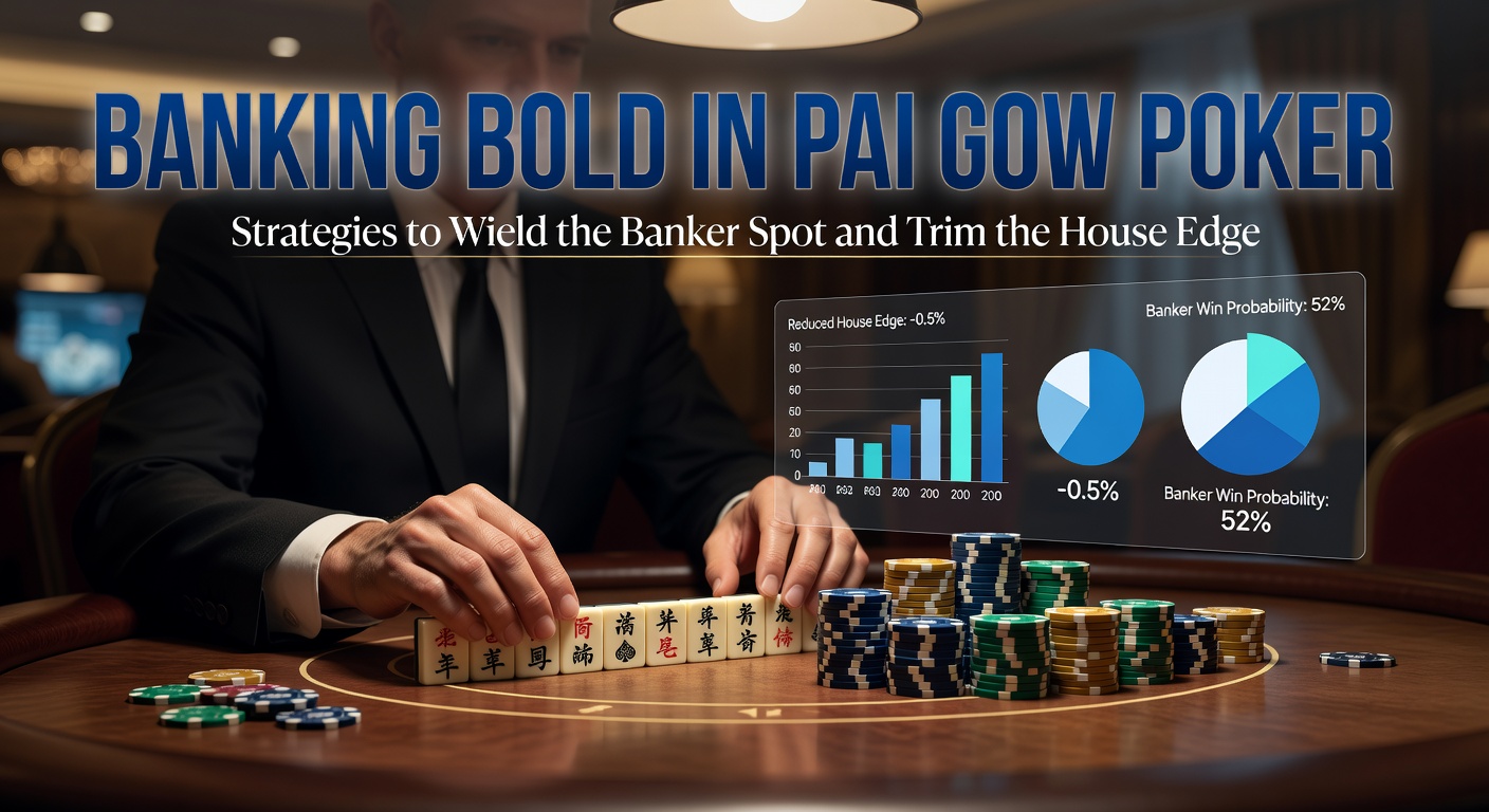 A vibrant casino table with Pai Gow Poker setup, cards dealt and chips stacked, highlighting the banker position marker
