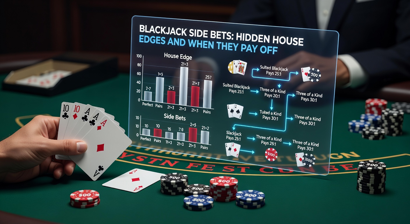 Close-up of a blackjack table showing various side bet options illuminated under casino lights, with chips stacked nearby