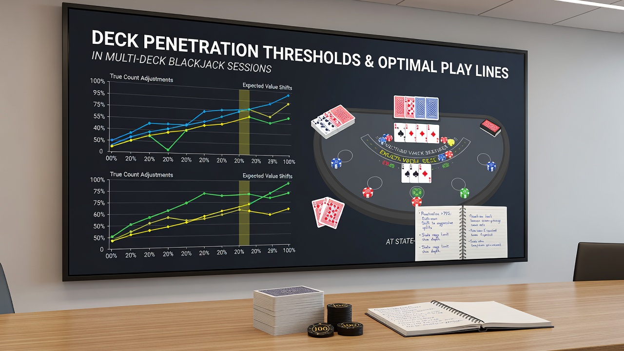 Close-up view of blackjack shoe and cut card placement illustrating deck penetration levels