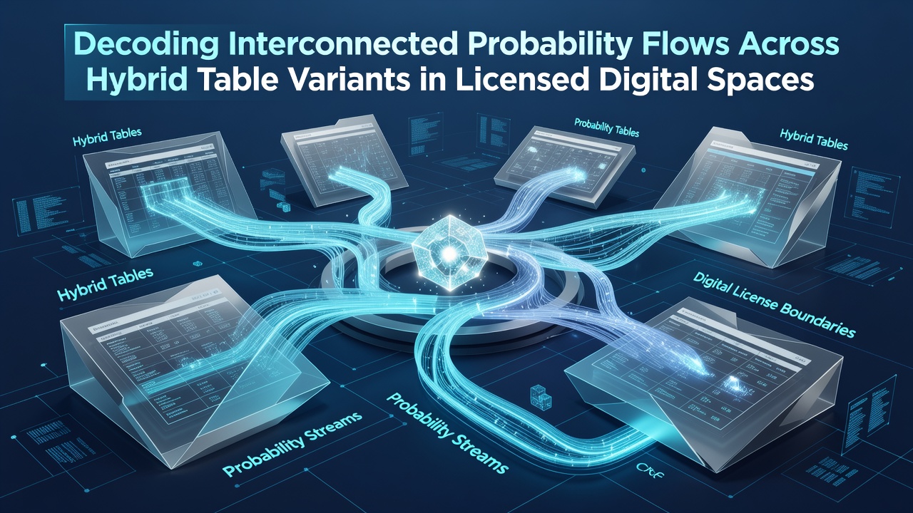 Diagram showing interconnected probability flows between poker, rummy and blackjack elements in a hybrid digital table environment