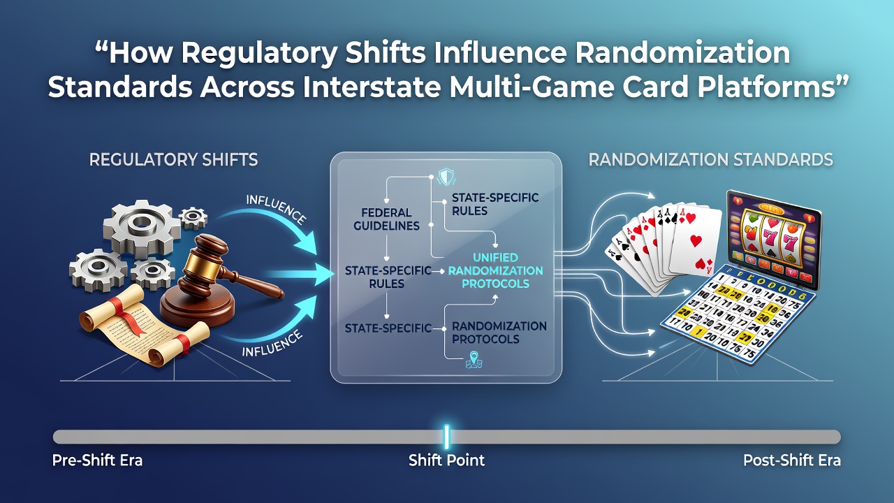 Regulatory documents and card game interfaces on digital platforms showing multi-state compliance elements