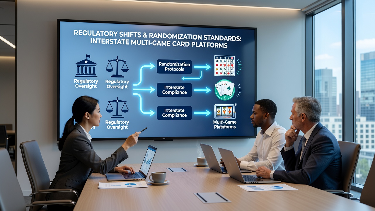 Multi-state regulatory meeting discussing card platform compliance and randomization protocols