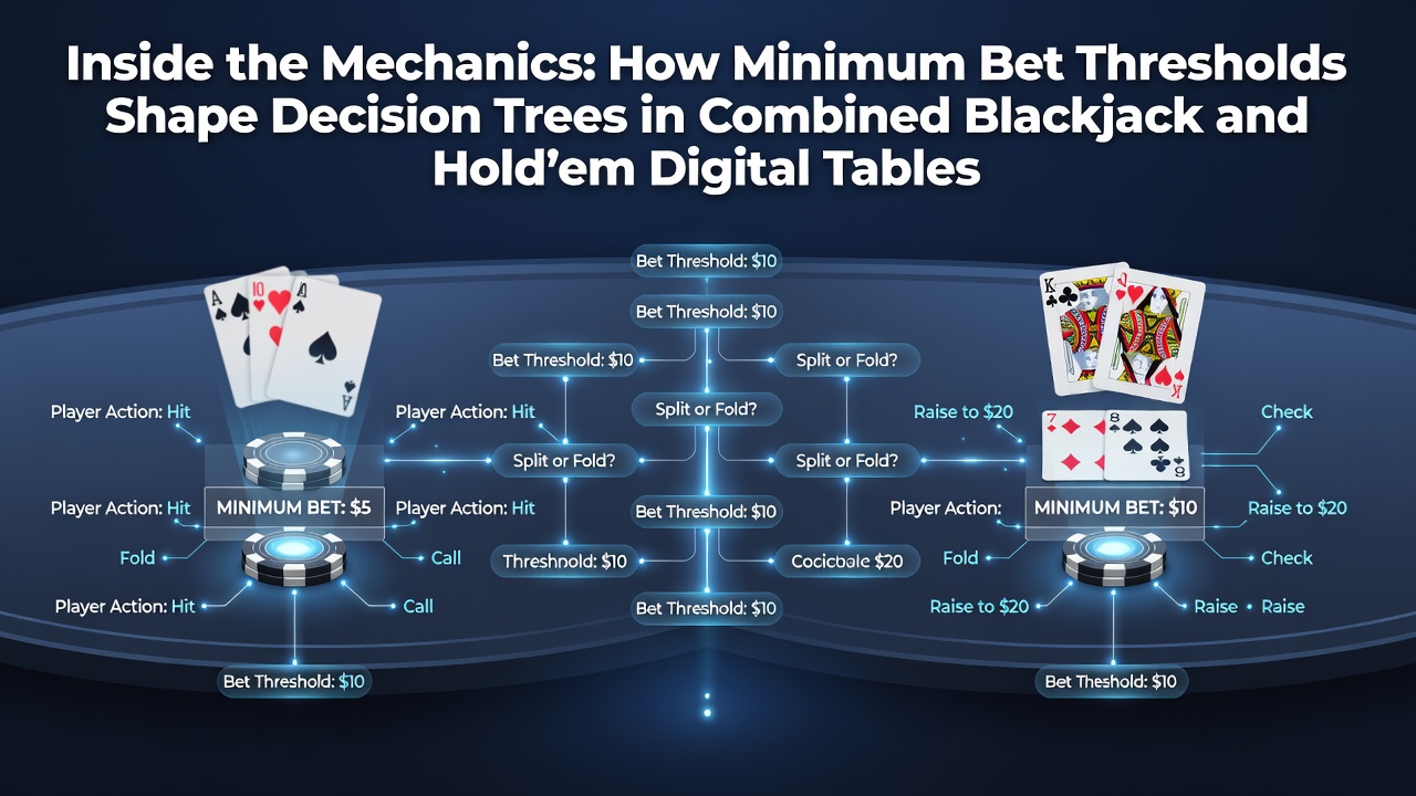 Digital interface showing combined blackjack and Hold'em table with bet threshold indicators and decision pathways