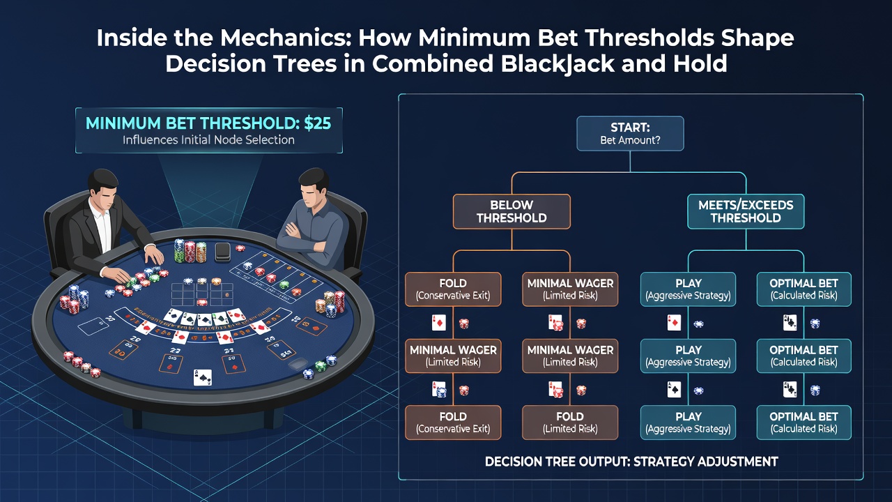 Flowchart diagram illustrating decision tree branches modified by minimum bet levels in hybrid card game software