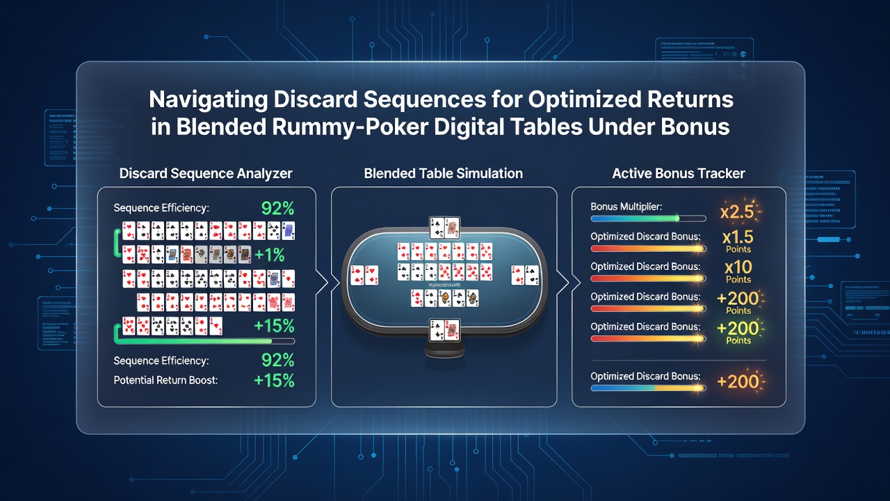 Analytics dashboard displaying discard sequence statistics and return optimization metrics for hybrid rummy-poker tables