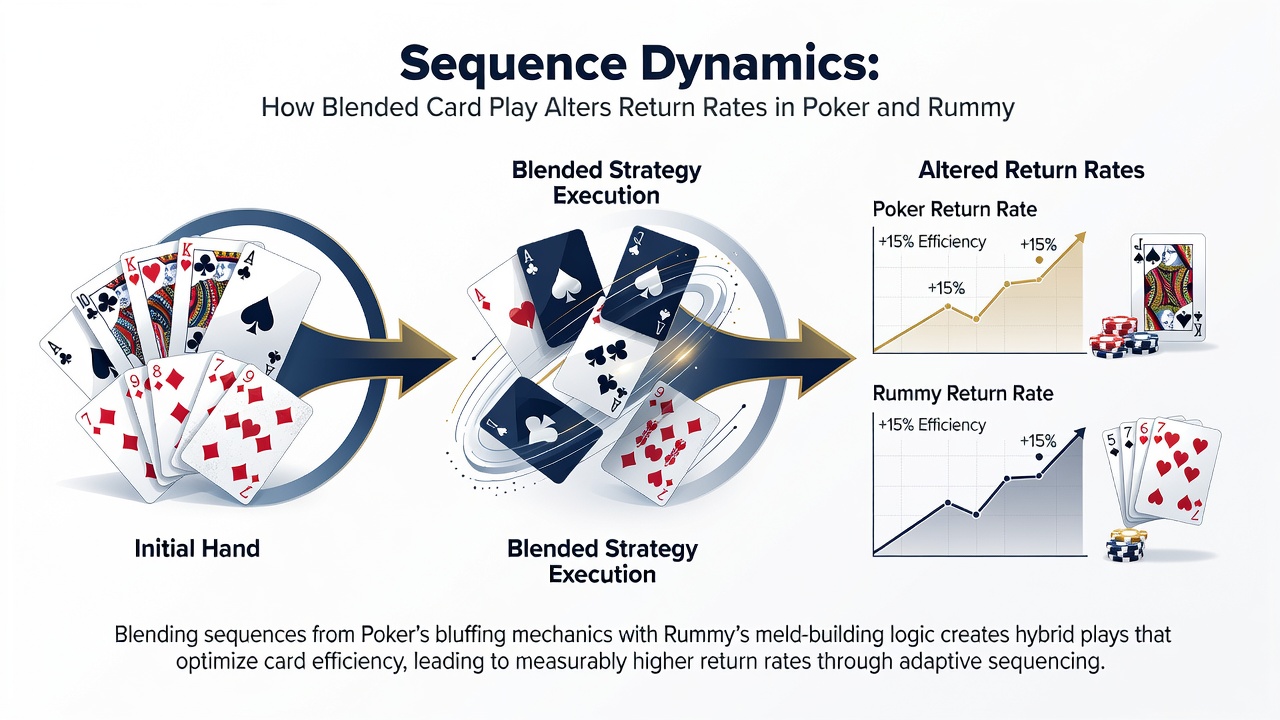 Chart displaying return rate fluctuations across blended poker and rummy sessions with sequence overlap metrics