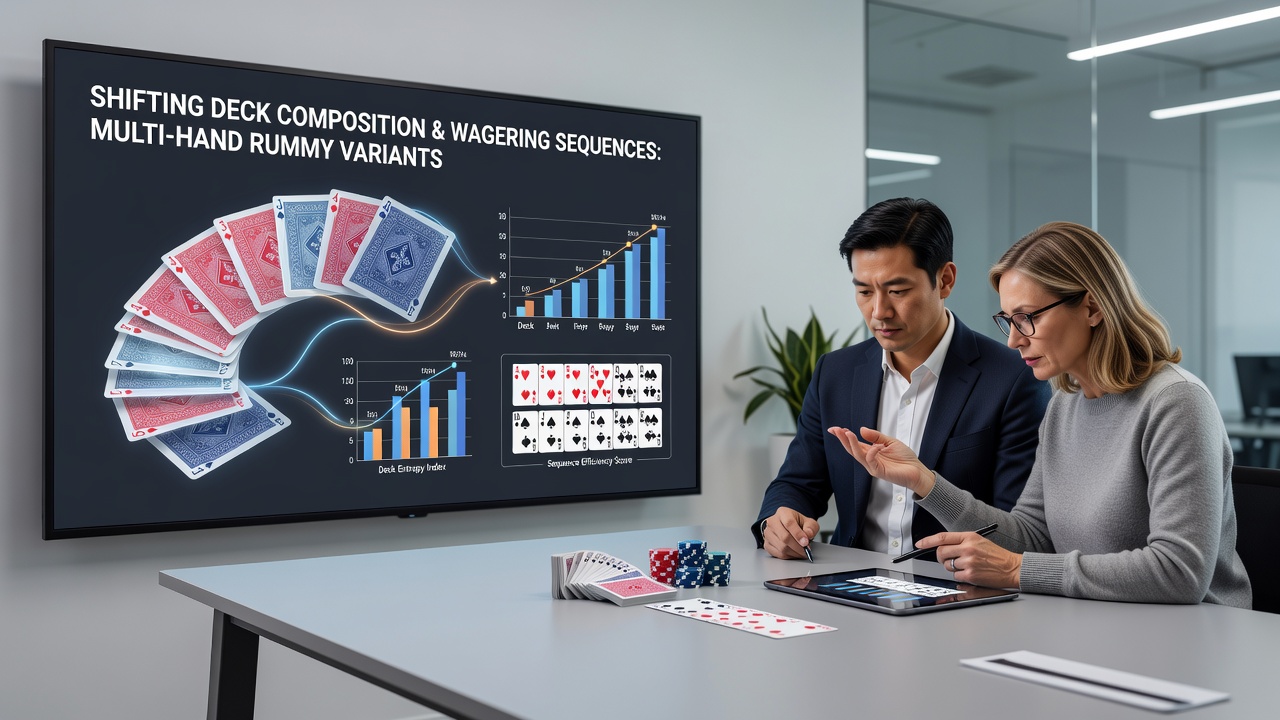 Analytics overlay on a multi-hand rummy screen illustrating deck composition metrics and suggested wager adjustments