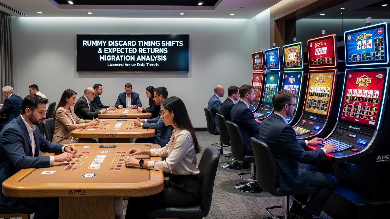 Rummy tables transitioning into video poker terminals in a licensed casino venue during evening hours