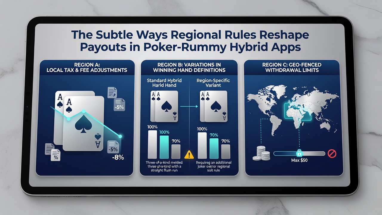 Screenshot examples showing varied payout tables and regional compliance notices in poker-rummy hybrid applications