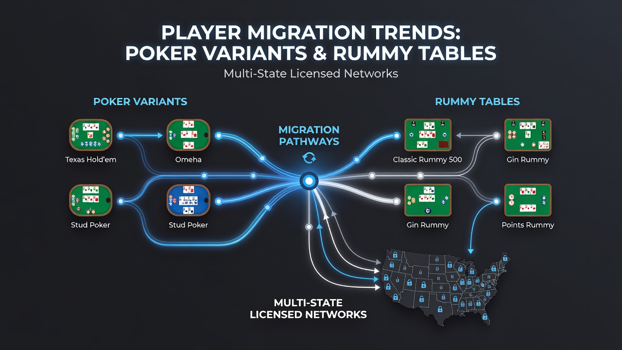 Network diagram showing player movement patterns across poker and rummy tables in licensed multi-state systems