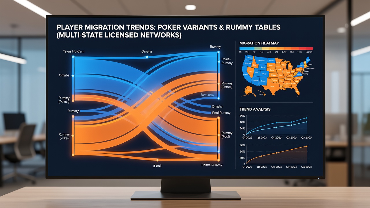 Analytics dashboard displaying migration statistics between poker variants and rummy tables
