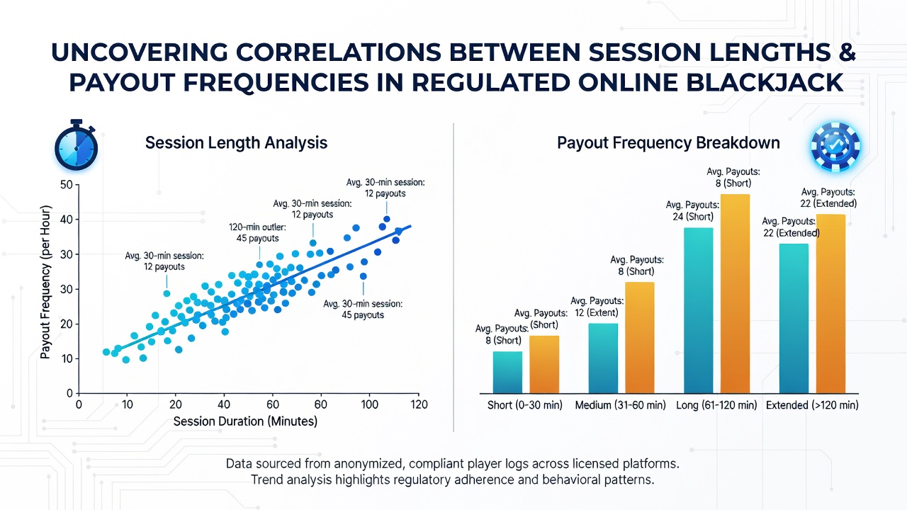 Heatmap visualization of payout frequency distribution across varying session length brackets in online blackjack