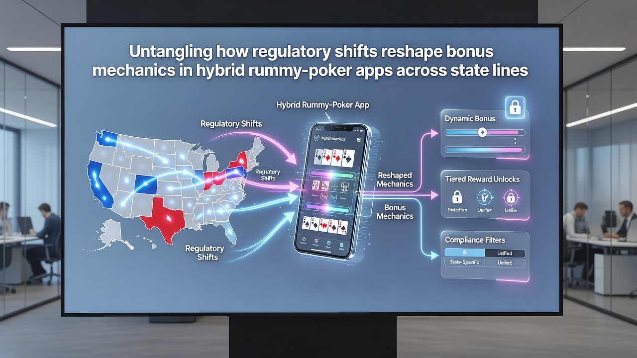 Mobile screen displaying varied bonus options for rummy and poker sections with location-based indicators
