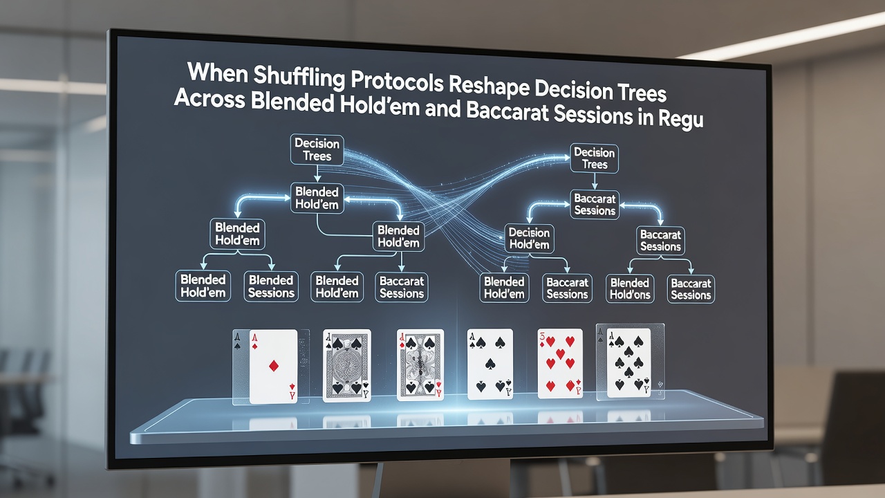 Flowchart showing how shuffling intervals modify optimal decision paths in Hold'em and baccarat sessions